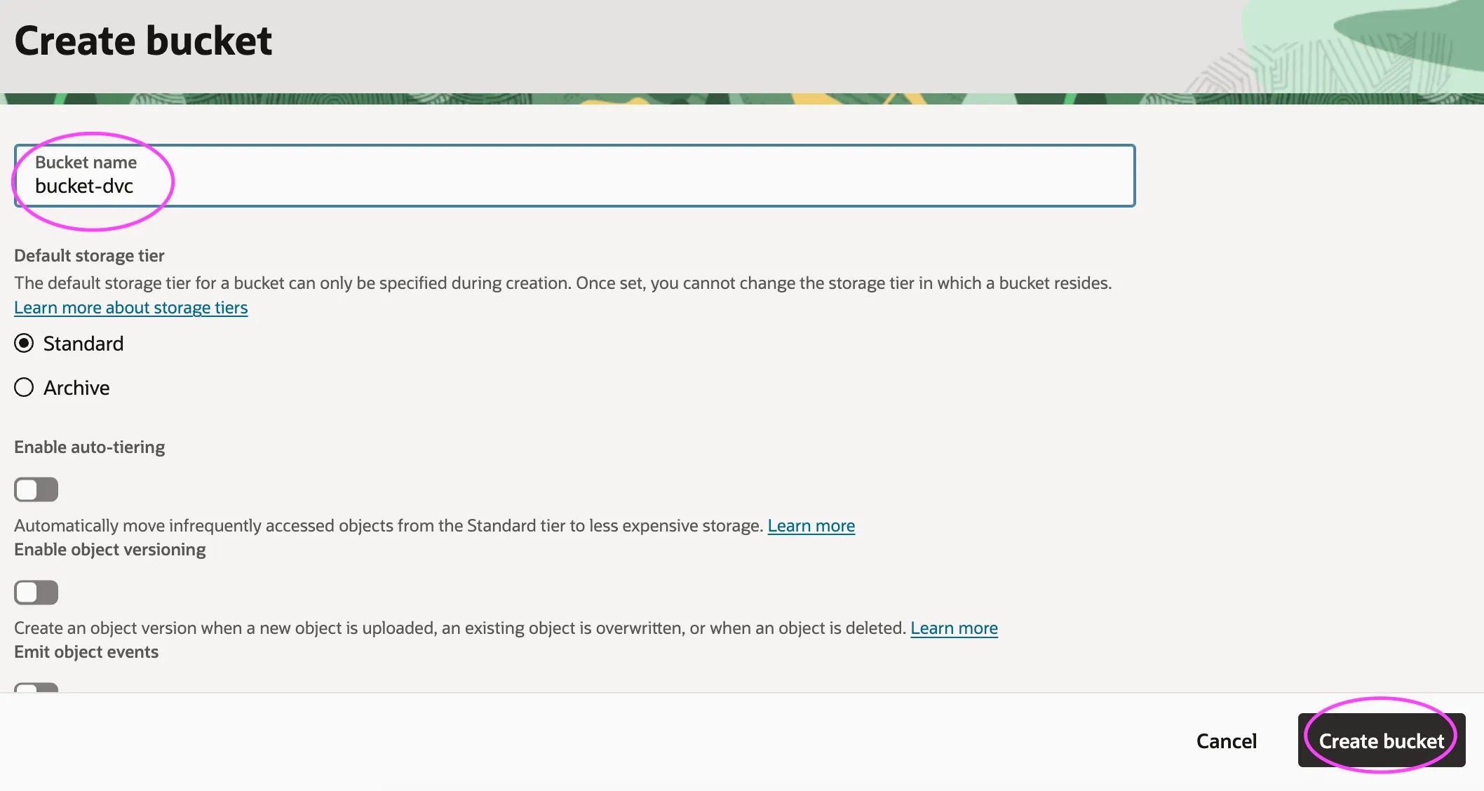 Bucket creation screen