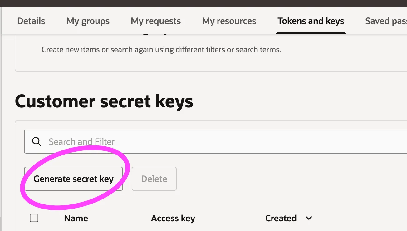 Secret creation screen